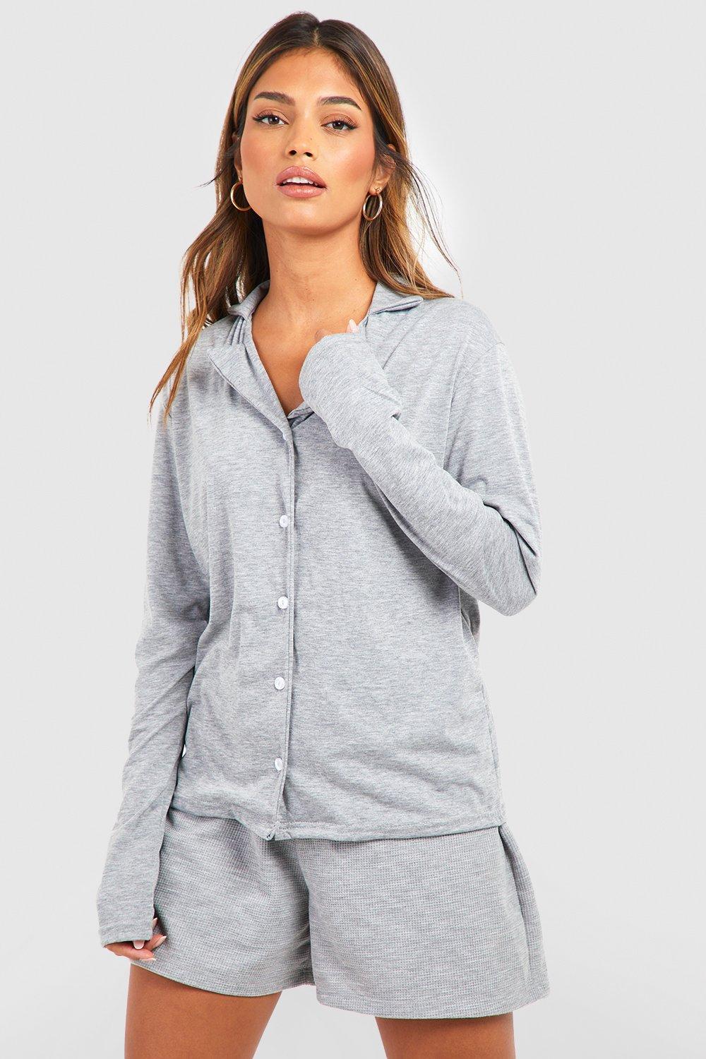 Womens Jersey Long Sleeve Button Up Pj Shirt - Grey - 14, Grey